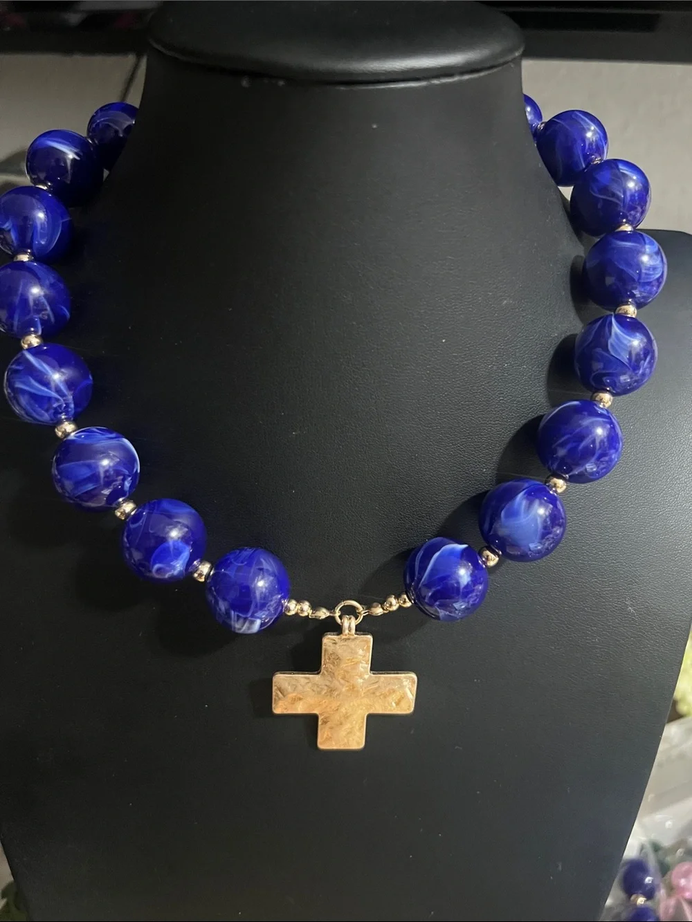 Bold Royal Blue Beaded Necklace  and Bracelets  Set with Gold Cross Pendant - Picture 2 of 5